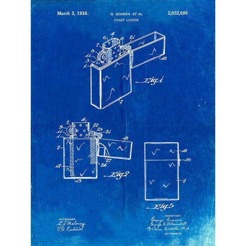 PP553-Faded Blueprint Zippo Lighter Patent Poster White Modern Wood Framed Art Print by Borders, Cole