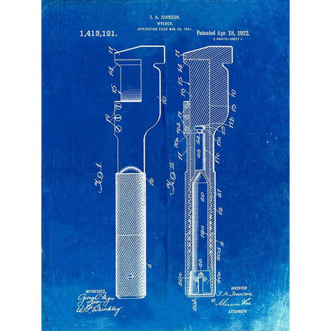 PP594-Faded Blueprint Adjustable Wrench 1922 Patent Poster Black Modern Wood Framed Art Print with Double Matting by Borders, Cole