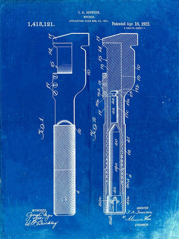 PP594-Faded Blueprint Adjustable Wrench 1922 Patent Poster White Modern Wood Framed Art Print with Double Matting by Borders, Cole