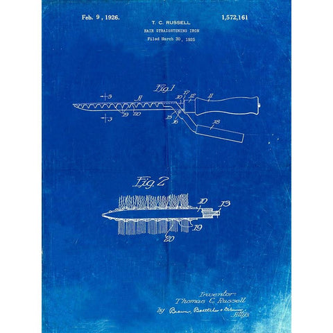 PP595-Faded Blueprint Curling Iron 1925 Patent Poster Black Modern Wood Framed Art Print with Double Matting by Borders, Cole