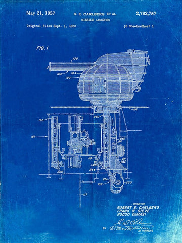 PP597-Faded Blueprint Missile Launcher Cold War Patent Poster White Modern Wood Framed Art Print with Double Matting by Borders, Cole