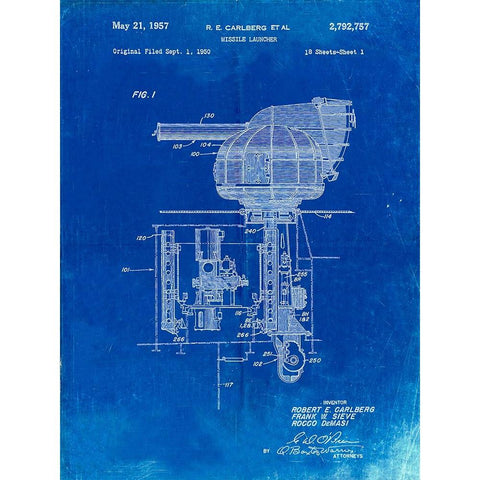 PP597-Faded Blueprint Missile Launcher Cold War Patent Poster White Modern Wood Framed Art Print by Borders, Cole