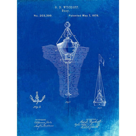 PP599-Faded Blueprint Water Buoy Patent Poster Gold Ornate Wood Framed Art Print with Double Matting by Borders, Cole