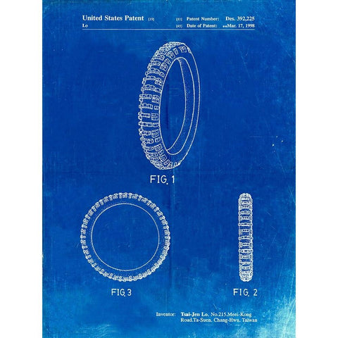 PP600-Faded Blueprint Mountain Bike Tire Patent Poster White Modern Wood Framed Art Print by Borders, Cole