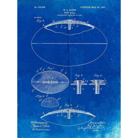 PP601-Faded Blueprint Football Game Ball 1902 Patent Poster White Modern Wood Framed Art Print by Borders, Cole