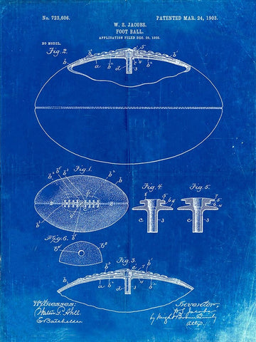 PP601-Faded Blueprint Football Game Ball 1902 Patent Poster White Modern Wood Framed Art Print with Double Matting by Borders, Cole