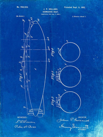 PP602-Faded Blueprint Holland 1 Submarine Patent Poster White Modern Wood Framed Art Print with Double Matting by Borders, Cole