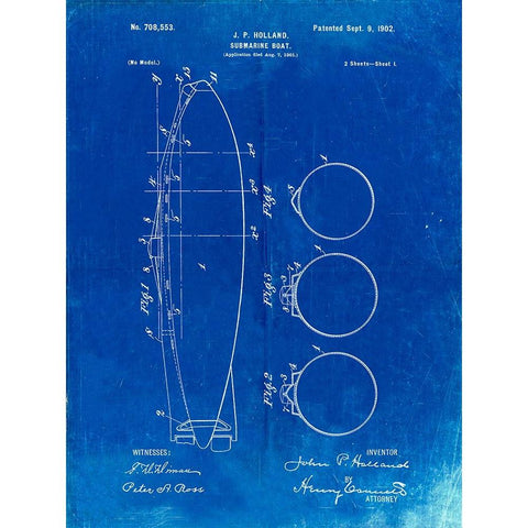 PP602-Faded Blueprint Holland 1 Submarine Patent Poster White Modern Wood Framed Art Print by Borders, Cole