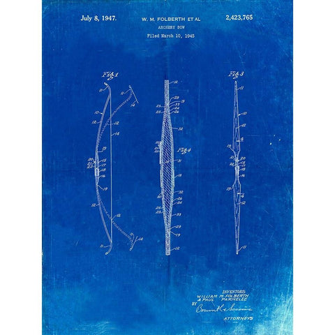 PP603-Faded Blueprint Bill Folberth Archery Bow Patent Poster White Modern Wood Framed Art Print by Borders, Cole