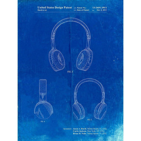 PP612-Faded Blueprint Headphones Patent Poster Black Modern Wood Framed Art Print with Double Matting by Borders, Cole