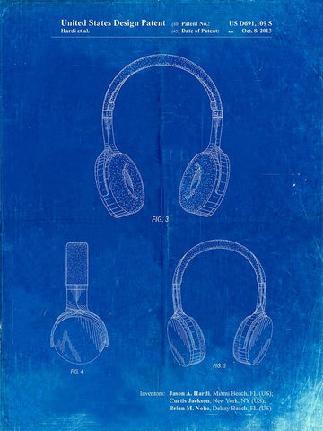 PP612-Faded Blueprint Headphones Patent Poster White Modern Wood Framed Art Print with Double Matting by Borders, Cole