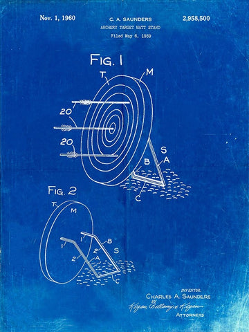 PP613-Faded Blueprint Archery Target and Stand Patent Poster White Modern Wood Framed Art Print with Double Matting by Borders, Cole