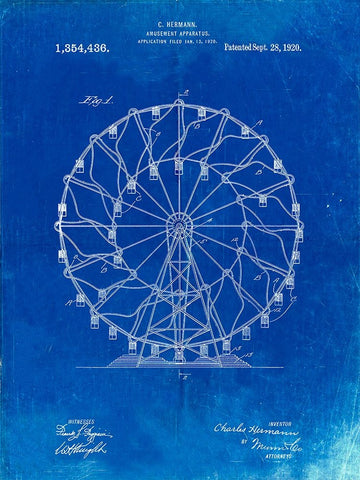 PP615-Faded Blueprint Ferris Wheel 1920 Patent Poster White Modern Wood Framed Art Print with Double Matting by Borders, Cole