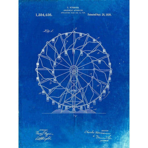 PP615-Faded Blueprint Ferris Wheel 1920 Patent Poster Black Modern Wood Framed Art Print with Double Matting by Borders, Cole