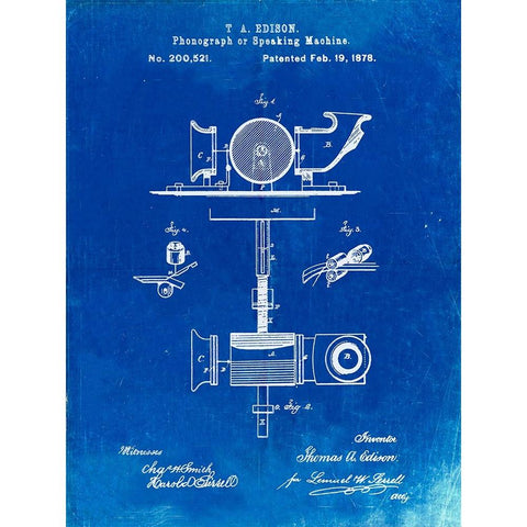 PP622-Faded Blueprint T. A. Edison Phonograph Patent Poster White Modern Wood Framed Art Print by Borders, Cole