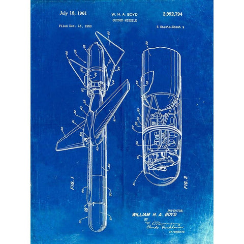 PP624-Faded Blueprint Cold War Era Guided Missile Patent Poster Gold Ornate Wood Framed Art Print with Double Matting by Borders, Cole