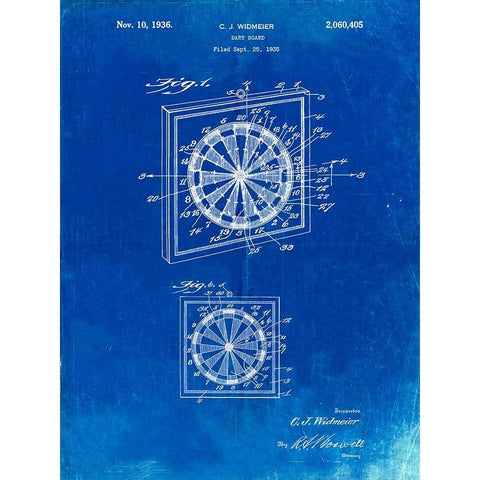 PP625-Faded Blueprint Dart Board 1936 Patent Poster White Modern Wood Framed Art Print by Borders, Cole