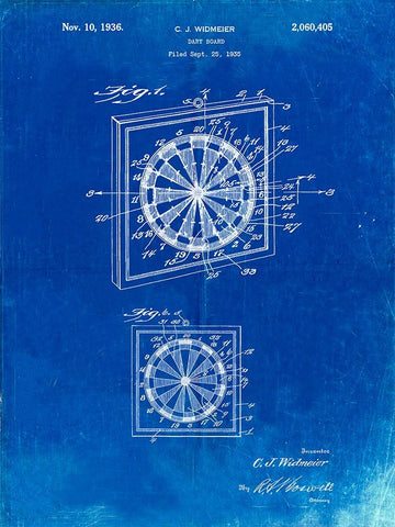 PP625-Faded Blueprint Dart Board 1936 Patent Poster White Modern Wood Framed Art Print with Double Matting by Borders, Cole