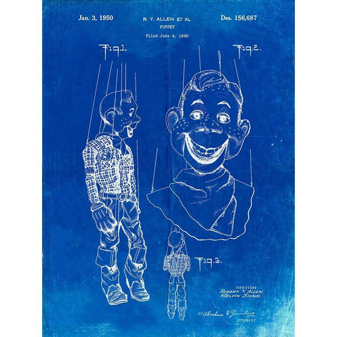 PP628-Faded Blueprint Howdy Doody Marionette Patent Poster Black Modern Wood Framed Art Print with Double Matting by Borders, Cole