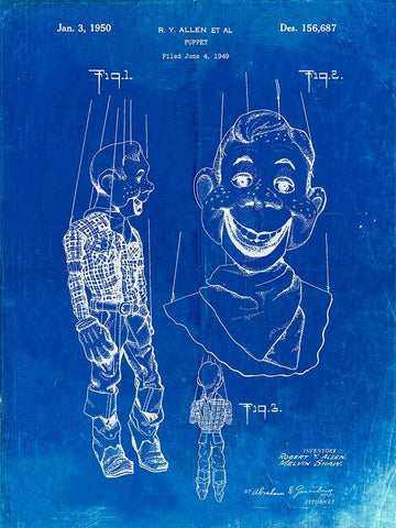 PP628-Faded Blueprint Howdy Doody Marionette Patent Poster Black Ornate Wood Framed Art Print with Double Matting by Borders, Cole