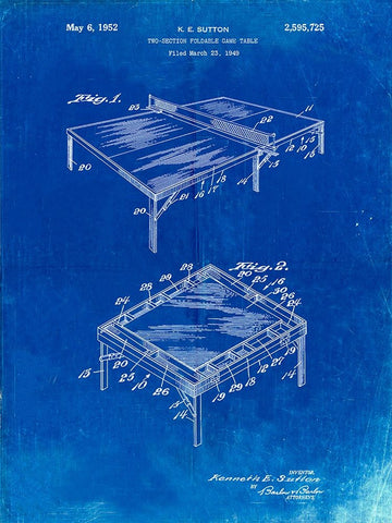 PP629-Faded Blueprint Ping Pong Table Patent Poster White Modern Wood Framed Art Print with Double Matting by Borders, Cole