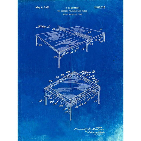 PP629-Faded Blueprint Ping Pong Table Patent Poster Gold Ornate Wood Framed Art Print with Double Matting by Borders, Cole