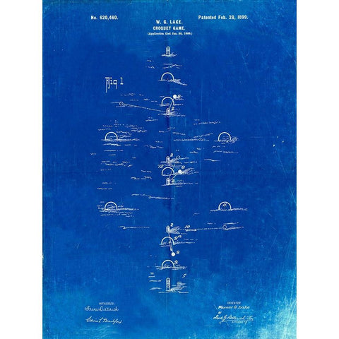 PP631-Faded Blueprint Croquet Game 1899 Patent Poster Black Modern Wood Framed Art Print with Double Matting by Borders, Cole