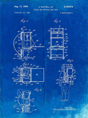 PP632-Faded Blueprint Framed Hiking Pack Patent Poster Black Ornate Wood Framed Art Print with Double Matting by Borders, Cole