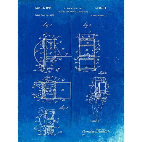 PP632-Faded Blueprint Framed Hiking Pack Patent Poster Black Modern Wood Framed Art Print with Double Matting by Borders, Cole