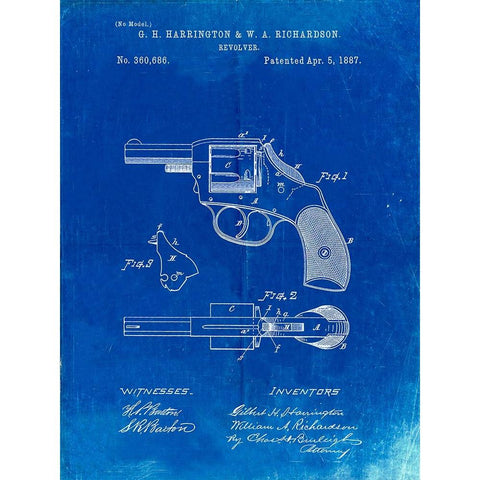 PP633-Faded Blueprint H And R Revolver Pistol Patent Poster Gold Ornate Wood Framed Art Print with Double Matting by Borders, Cole