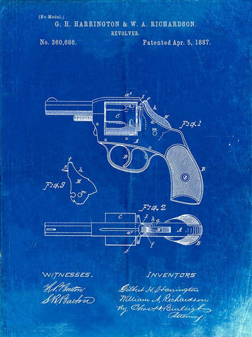 PP633-Faded Blueprint H And R Revolver Pistol Patent Poster White Modern Wood Framed Art Print with Double Matting by Borders, Cole