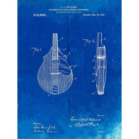 PP638-Faded Blueprint Mandolin Pick Guard Patent Poster White Modern Wood Framed Art Print by Borders, Cole