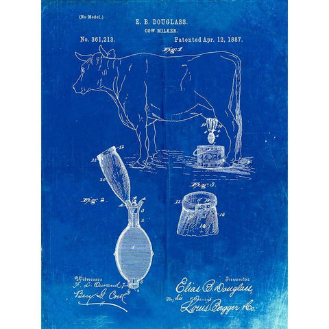 PP639-Faded Blueprint Cow Milker 1887 Patent Poster Gold Ornate Wood Framed Art Print with Double Matting by Borders, Cole