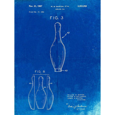 PP641-Faded Blueprint Bowling Pin 1967 Patent Poster White Modern Wood Framed Art Print by Borders, Cole