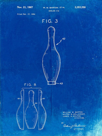 PP641-Faded Blueprint Bowling Pin 1967 Patent Poster White Modern Wood Framed Art Print with Double Matting by Borders, Cole