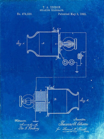 PP644-Faded Blueprint Edison Speaking Telegraph Patent Poster Black Ornate Wood Framed Art Print with Double Matting by Borders, Cole