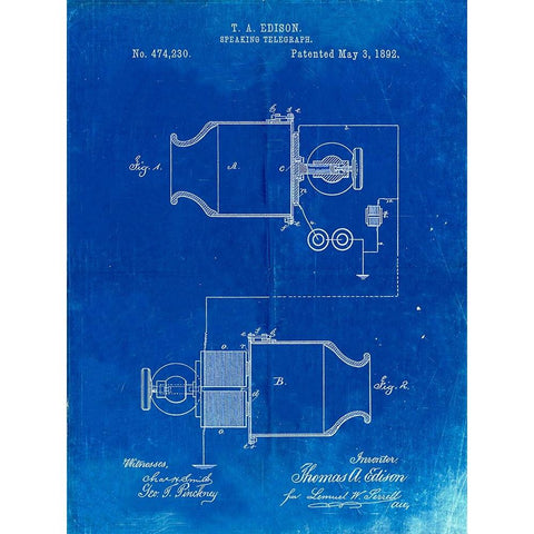 PP644-Faded Blueprint Edison Speaking Telegraph Patent Poster Gold Ornate Wood Framed Art Print with Double Matting by Borders, Cole