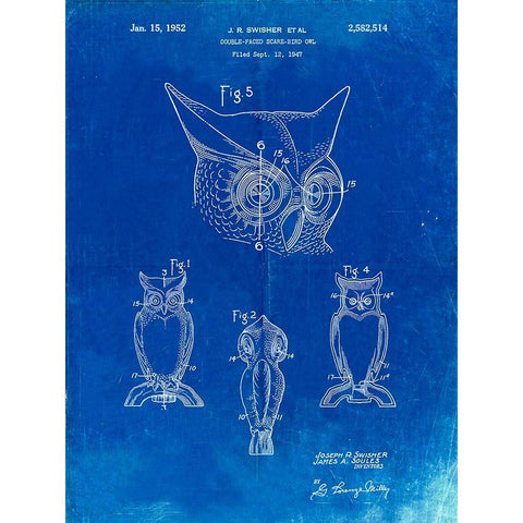 PP647-Faded Blueprint Owl Bird of Prey Patent Poster White Modern Wood Framed Art Print by Borders, Cole