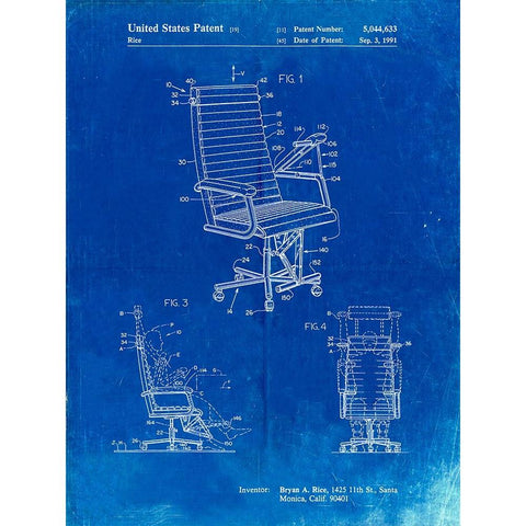 PP648-Faded Blueprint Exercising Office Chair Patent Poster White Modern Wood Framed Art Print by Borders, Cole