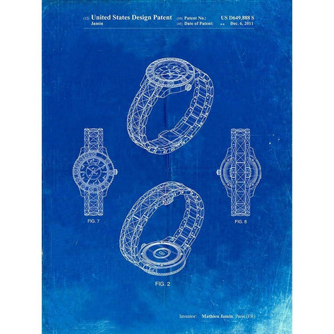 PP651-Faded Blueprint Luxury Watch Patent Poster White Modern Wood Framed Art Print by Borders, Cole