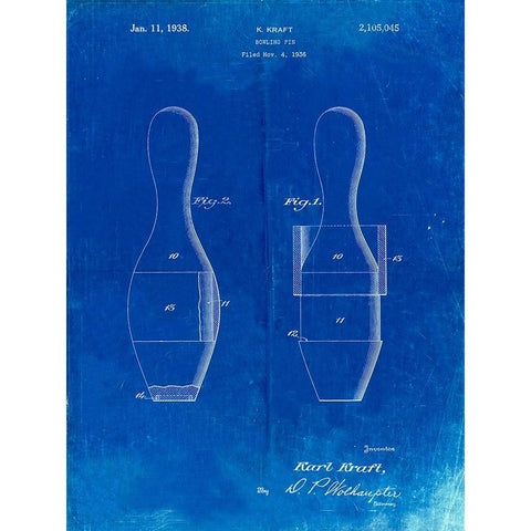 PP653-Faded Blueprint Bowling Pin 1938 Patent Poster White Modern Wood Framed Art Print by Borders, Cole