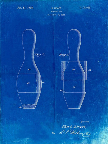 PP653-Faded Blueprint Bowling Pin 1938 Patent Poster White Modern Wood Framed Art Print with Double Matting by Borders, Cole