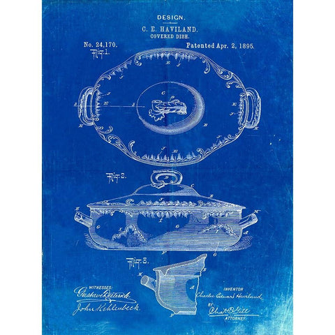 PP657-Faded Blueprint Haviland Covered Serving Dish Canvas Art White Modern Wood Framed Art Print by Borders, Cole