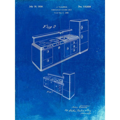 PP659-Faded Blueprint Kitchen Cabinets Poster White Modern Wood Framed Art Print by Borders, Cole