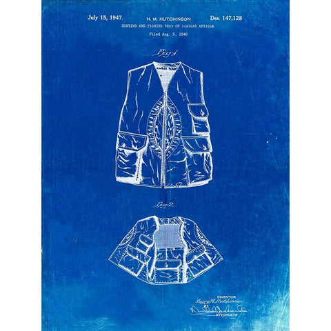 PP661-Faded Blueprint Hunting and Fishing Vest Patent Poster White Modern Wood Framed Art Print by Borders, Cole