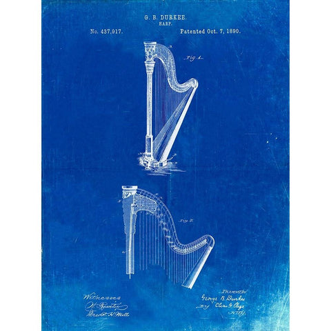 PP662-Faded Blueprint Harp Instrument 1890 Patent Poster White Modern Wood Framed Art Print by Borders, Cole