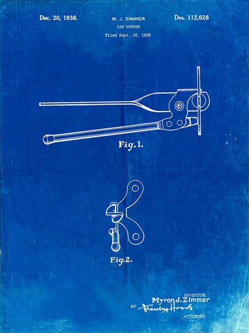 PP677-Faded Blueprint Can Opener Patent Poster White Modern Wood Framed Art Print with Double Matting by Borders, Cole