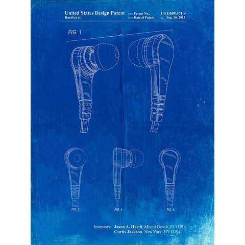 PP686-Faded Blueprint Ear Buds Patent Poster White Modern Wood Framed Art Print by Borders, Cole