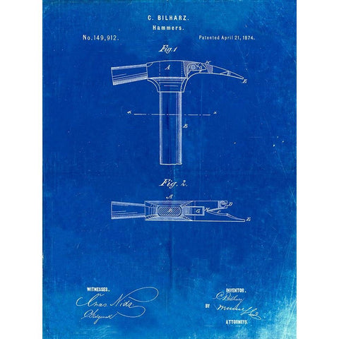 PP689-Faded Blueprint Claw Hammer 1874 Patent Poster Black Modern Wood Framed Art Print with Double Matting by Borders, Cole