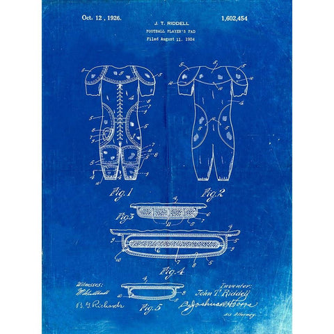 PP690-Faded Blueprint Ridell Football Pads 1926 Patent Poster White Modern Wood Framed Art Print by Borders, Cole